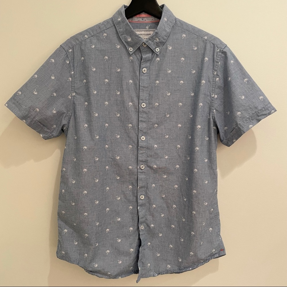 Denim & Flower Ricky Singh Blue Short Sleeve Collar Button Down Palm Tree Shirt